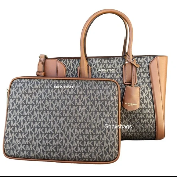 Michael Kors Kali Medium Satchel Crossbody + Ipad Case Brown Gold MK - Picture 4 of 8